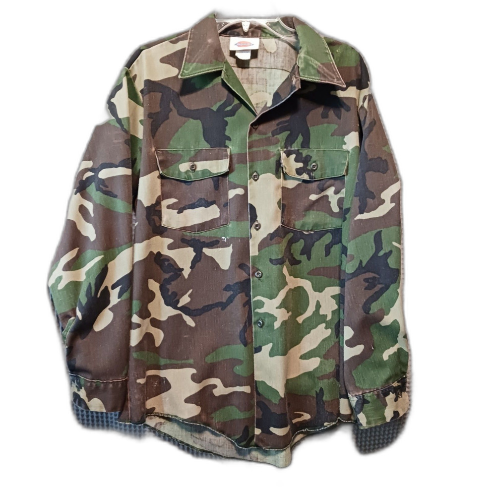 Vintage Dickies Camo Work Shirt Men's Size L Woodland Camo 80s 90s RARE